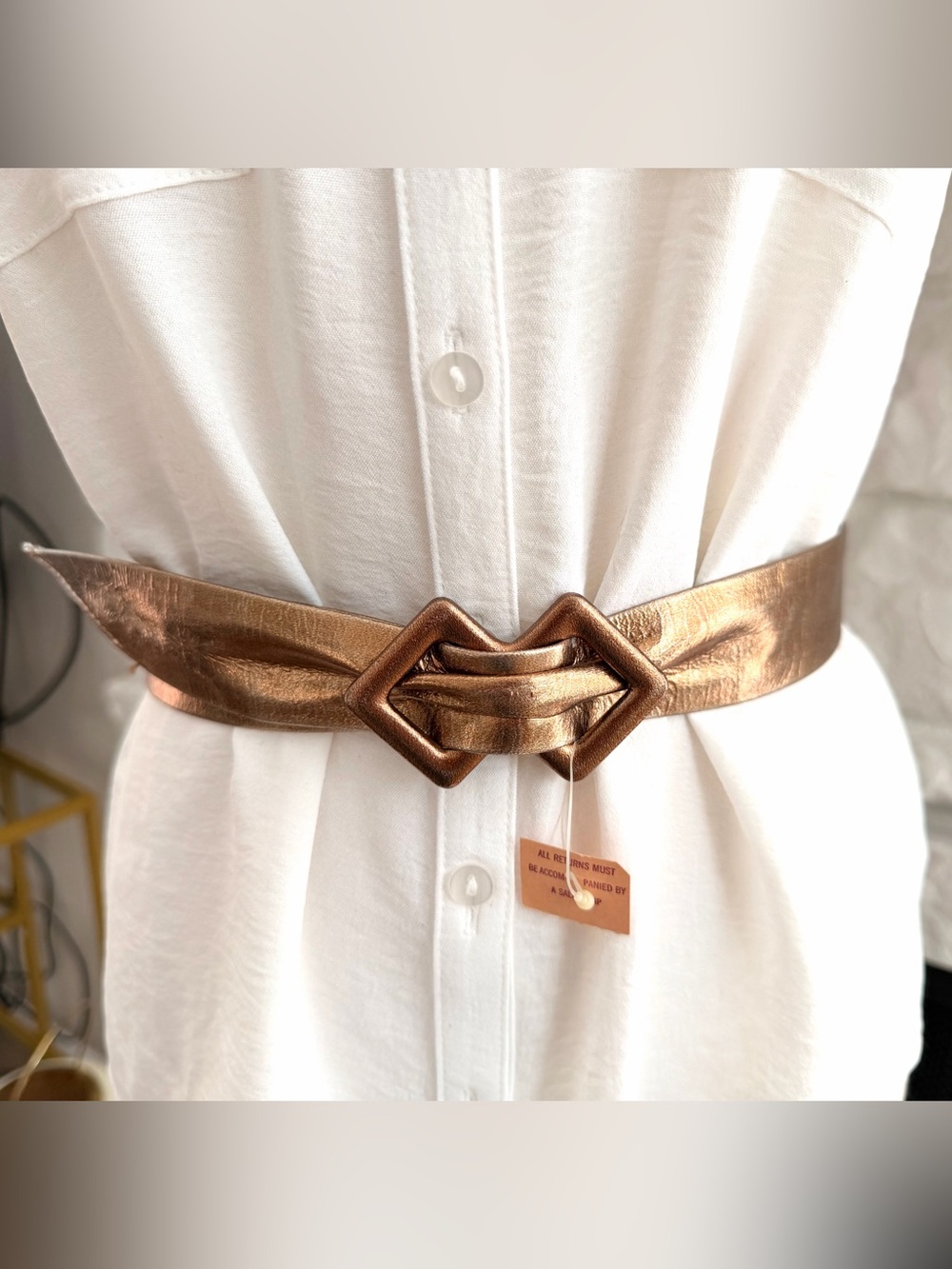 Vintage Gold Metallic Leather Belt Sculptural Buckle Adjustable 36”